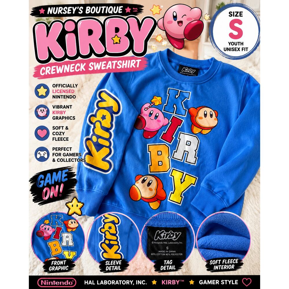 Kirby Nintendo Blue Crewneck Sweatshirt Kids Small Graphic Gamer Pullover